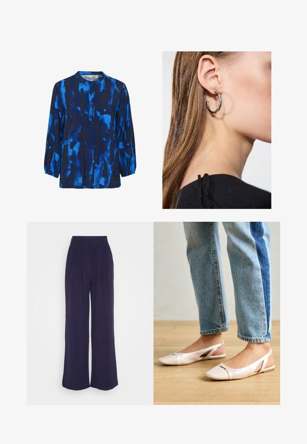Tumedast sinine pikkade varrukatega pluus, millel on abstraktsed helesinised mustrid, ümar kaelus ja nööpide sulgemine, valmistatud pehmest kangast, millel on sile tekstuur.; Anna Field by Zalando Püksid - dark blue; Kahvatu roosa slingback lapikute jalatsite paar, millel on terav varvas, valmistatud siledast nahataolisest materjalist. Omab külgedel lõikekohti ja lapikut kontsa.; Hõbedane rõngas kõrvarõngas poleeritud viimistlusega, millel on väikesed kuldsed aktsendid ja ümmargune kuju, kantud lobus.