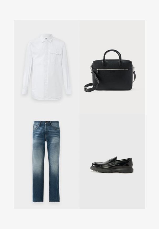 Witte langslachtige overhemd met subtiele verticale strepen, borstzak met knoopflap en een klassieke kraag op een effen achtergrond.; Denim jeans in donkerblauw vervaging, rechte pijpontwerp. Voorzien van vijf zakken, standaard tailleband met riemlussen, en metalen knoopsluiting.; Zwarte leren instapper met een glanzende afwerking, een ronde neus, subtiele stiksels en een dikke rubberen zool voor duurzaamheid.; Zwart gestructureerde rechthoekige leren aktetas met dubbele handvatten, voorvak met rits en verstelbare schouderriem, weergegeven op witte achtergrond.