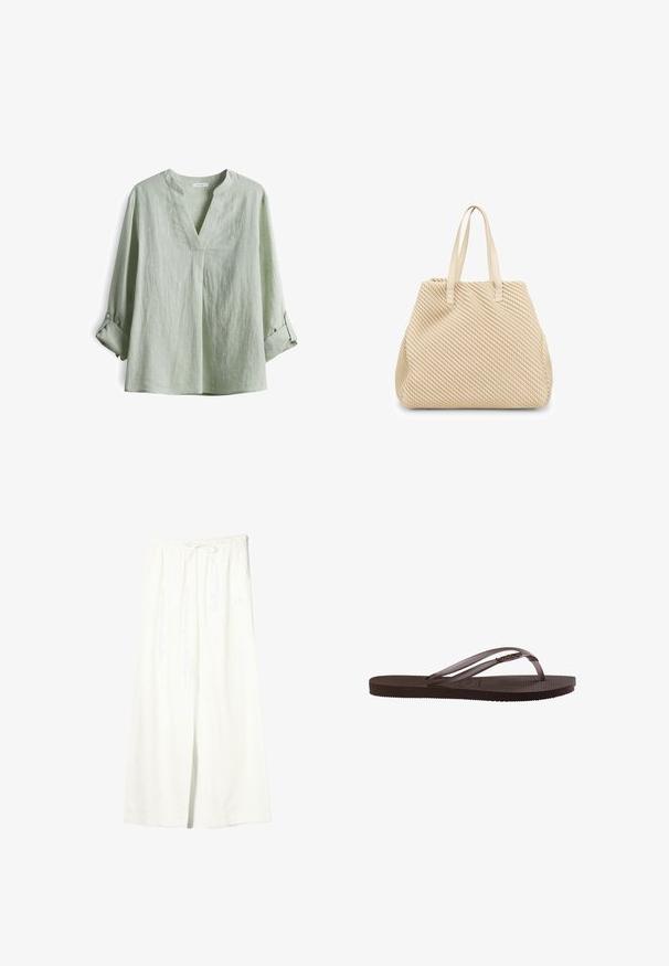 Lichtgroene linnen blouse met een V-hals, lange mouwen opgerold en knoopaccenten. Textuurstof met een relaxte pasvorm.; Witte linnen broek met brede pijpen, elastische tailleband en trekkoord, voorzien van zijzakken en een voorste split.; Bruine rubberen teenslipper met een gestructureerde zool en dunne bandjes met een klein decoratief metalen detail aan de zijkant.; Beige tas met een textuur geweven ontwerp, met twee stevige handvatten en een ruime, gestructureerde vorm.