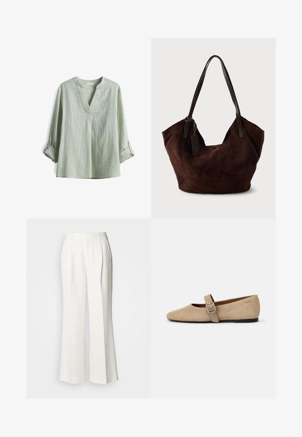 Lichtgroene linnen blouse met een V-hals, lange mouwen opgerold en knoopaccenten. Textuurstof met een relaxte pasvorm.; Witte broek met wijde pijpen, voorplooien, een tailleband met ceintuurlussen en steekzakken, afgebeeld tegen een lichte achtergrond.; Beige suède Mary Jane balletschoenen met een spitse neus en een enkele verstelbare band met een zilveren gesp. Zwarte platte zool.; Bruine suède handtas met een zachte, slungelige vorm. Voorzien van leren handvatten en een tagaccent. Eenvoudige textuur met gebogen naden.