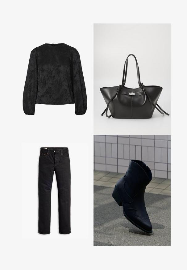Sort bluse med lange puffede ærmer, der har et tekstureret blomstermønster. Rund halsudskæring med en knaplukning bagpå.; Sorte denimjeans med lige pasform, fem lomme-design og knaplukning. Har kobbernitter og syningsdetaljer.; Sort læderankelstøvle med lav hæl, dekorative syninger og spids tå, placeret opret på en brolagt overflade ved siden af en flisebelagt væg.; Sort læder tote taske med en bred, trekantet form. Har en slank metallisk lås, lange håndtag og glat tekstur.