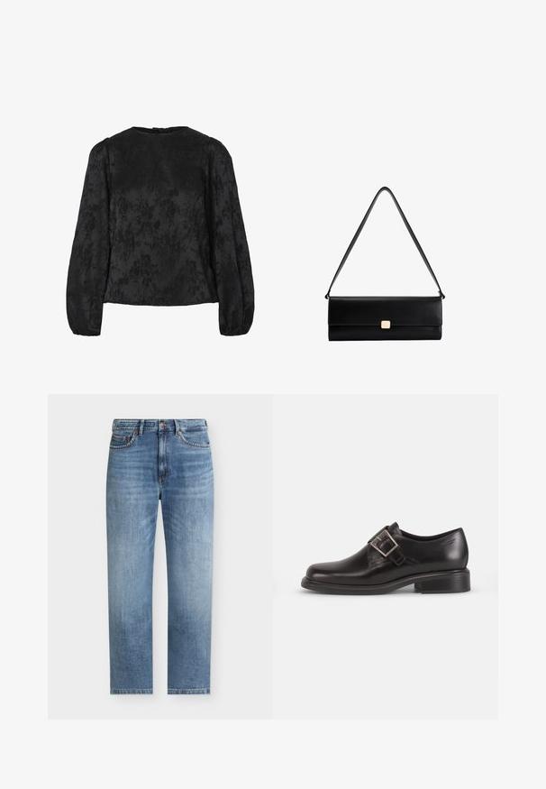Sort bluse med lange puffede ærmer, der har et tekstureret blomstermønster. Rund halsudskæring med en knaplukning bagpå.; Lyseblå straight-leg denim jeans med fem lommer, knaplukning og diskrete falmede detaljer på forsiden af lårene.; Sorte læder herresko med rund tå, detaljer med sidelukning, og en struktureret sål, sat mod en simpel hvid baggrund.; Sort rektangulær læder skuldertaske med en tynd rem og en lille firkantet guldspænde centreret på frontklappen.