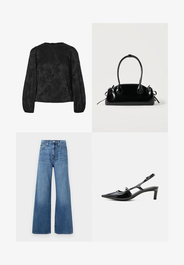 Schwarze Bluse mit langen, puffierten Ärmeln, die ein strukturiertes Blumenmuster aufweist. Rundhalsausschnitt mit einer Knopfverschluss hinten.; Blaue hochtaillierte weit geschnittene Jeans mit Knopf- und Reißverschluss, Fronttaschen und dezenten Ausbleichungen im Stoff.; Schwarzer Slingback-Schuh aus Lackleder mit spitzer Kappe, niedrigem Absatz und zwei verstellbaren Schnallenriemen, seitlich dargestellt.; Kleine schwarze glänzende Handtasche mit zwei langen Griffen und seitlichen Kordelzug-Details vor einfachem hellem Hintergrund.