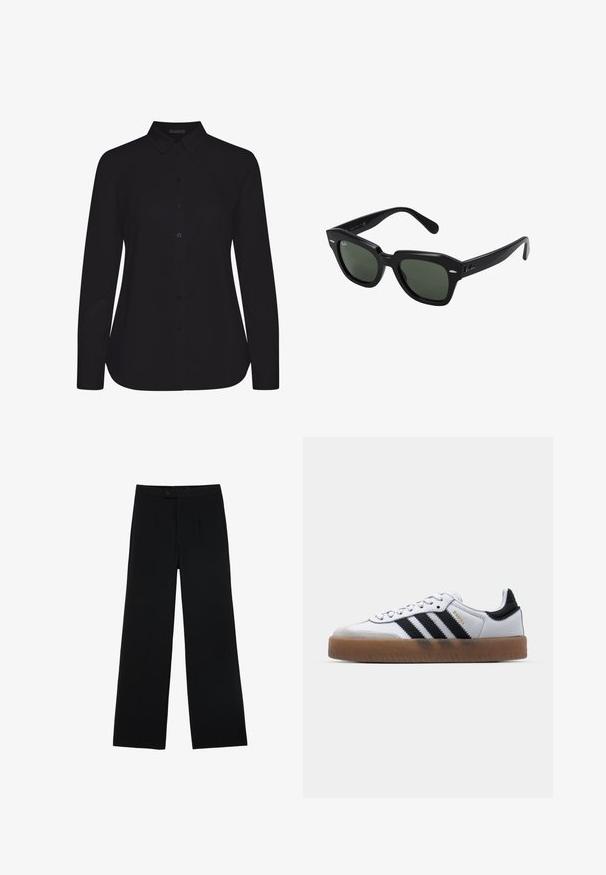 Schwarzes Langarmshirt aus glattem Stoff, mit kragen und Frontknopfleiste, und gerader Saum.; Schwarze weit geschnittene Hosen aus glattem Stoff, mit einem Frontknopfverschluss und zwei Falten für zusätzliche Details. Maßgeschneiderter Gesamteindruck.; Weiße Leder Sneakers mit schwarzen Streifen, Gummigummi-Außensohle, runder Zehenform, Schnürverschluss und weichem grauem Wildleder-Zehenkappe.; Schwarze quadratische Sonnenbrillen mit dunkelgrünen Gläsern, ausgestattet mit markanten Rahmen und silbernen Akzenten an den Seiten. Hergestellt in Italien.