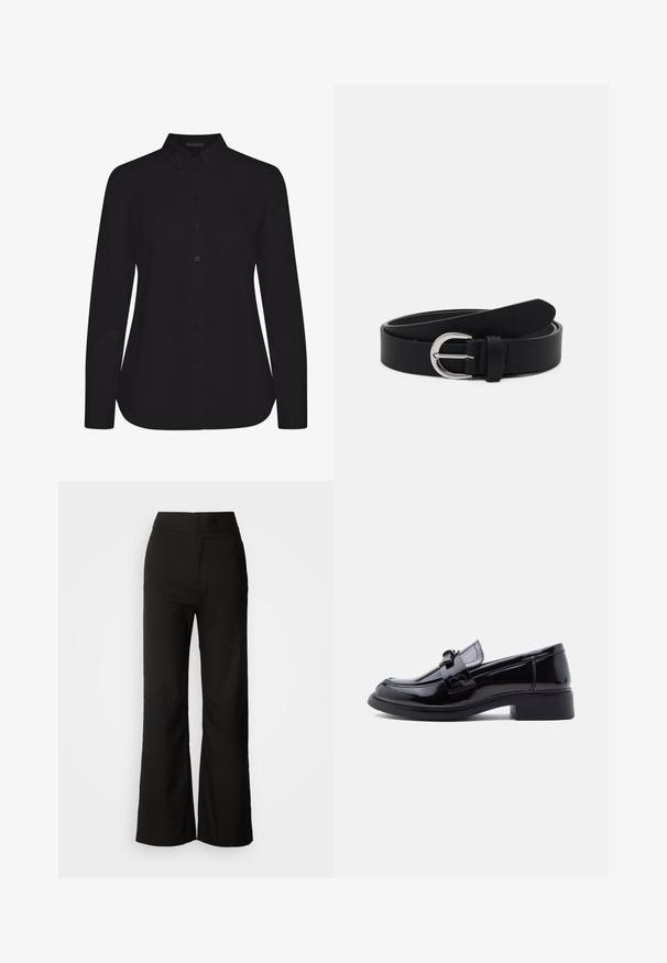 Schwarzes Langarmshirt aus glattem Stoff, mit kragen und Frontknopfleiste, und gerader Saum.; Schwarze weit geschnittene Hosen mit glatter Textur, hoher Taille und klarem Design. Keine sichtbaren Taschen oder Verzierungen.; Schwarzer Loafer aus Lackleder mit klobigem Absatz und dekorativem Riemendetail, seitlich auf weißem Hintergrund gezeigt.; Schwarzer Leder-Gürtel mit einer silbernen runden Schnalle, flaches Design, sich verjüngendes Ende, glatte Textur und minimalistischer Stil.