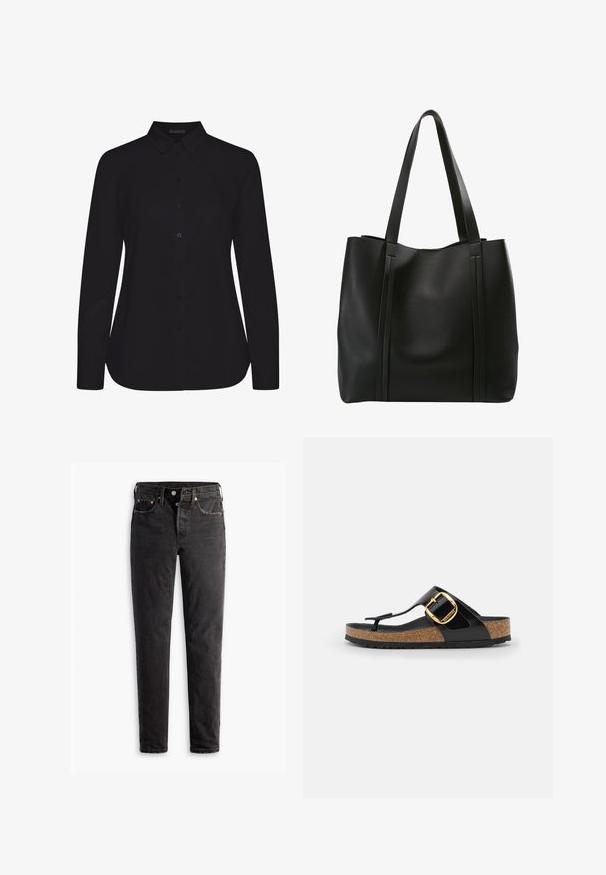 Sort langærmet skjorte lavet af glat stof, med krave, front knaplukning og lige kant.; Sorte denim jeans med lige ben, der har fem lommer, kobberhardware og en let slidte måde.; Sort thong sandal med en blank overdel og guldbeslag, der har en kork bund og struktureret gummisål.; Sort læder tote bag med to lange håndtag, der har et minimalistisk design, glat tekstur og lodrette sømme på fronten.
