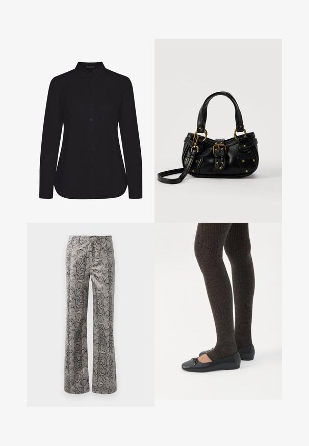 Camisa negra de manga larga hecha de tela suave, con cuello de camisa, cierre frontal de botones y dobladillo recto.; Pantalones rectos con patrón de piel de serpiente en negro y gris y cierre frontal de botón sobre un fondo blanco.; Piernas con leggings oscuros acanalados combinados con bailarinas negras que presentan pequeños detalles de lazo sobre un fondo blanco.; Bolso de cuero negro con hebilla y detalles de remaches dorados, asas cortas y una correa de hombro ajustable sobre un fondo blanco liso.
