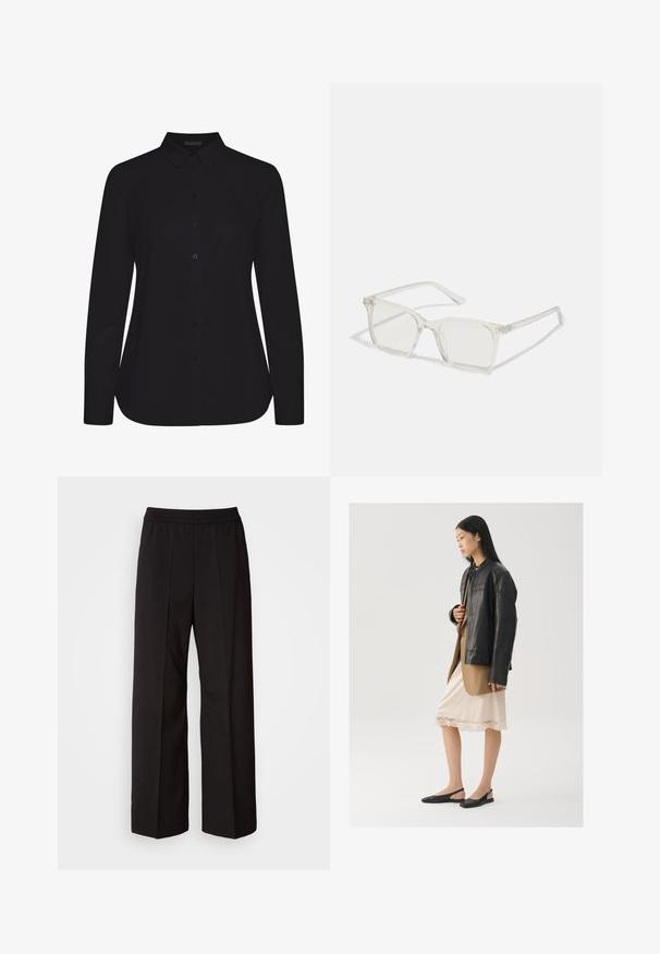 Schwarzes Langarmshirt aus glattem Stoff, mit kragen und Frontknopfleiste, und gerader Saum.; Schwarze weit geschnittene Hosen mit einem plissierten Design, elastischem Bund und glatter Stofftextur. Geeignet für verschiedene Anlässe.; Schwarze Lederjacke über einem braunen Oberteil, kombiniert mit einem hellen cremefarbenen Slip-Kleid mit Spitzenbesatz und schwarzen Slingback-Schuhen.; Klare, quadratische Kunststoffbrillen mit durchsichtigen Gläsern, die goldene Akzente an den Bügeln für zusätzliche Details aufweisen.