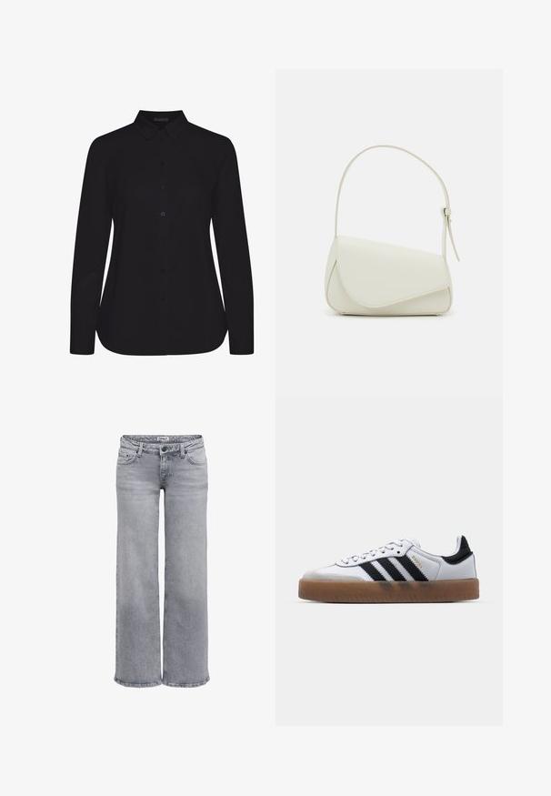 Schwarzes Langarmshirt aus glattem Stoff, mit kragen und Frontknopfleiste, und gerader Saum.; Hellgraue Jeans mit weitem Bein aus Denim. Verfügt über einen normalen Bund mit Gürtelschlaufen, fünf Taschen und dezente Used-Details.; Weiße Leder Sneakers mit schwarzen Streifen, Gummigummi-Außensohle, runder Zehenform, Schnürverschluss und weichem grauem Wildleder-Zehenkappe.; Weiße Kunstleder-Handtasche mit einer strukturierten dreieckigen Form, einem verstellbaren Einzelgurt und einem Klappenverschluss mit geschwungenen Akzenten.