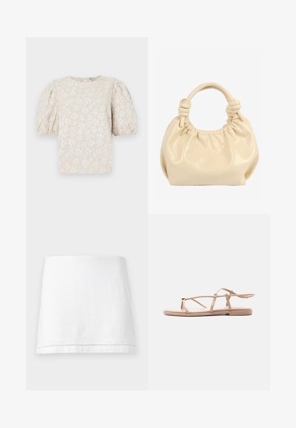 Beige Bluse mit Blumenmuster, Puffärmel, texturiertem Stoff, subtilem Glanz und rundem Ausschnitt. Enthält kleine weiße Blumenmuster überall.; Weißer Minirock aus Leinen mit geradem Saum und dezenten Ziernähten nahe dem unteren Rand, auf unauffälligem Hintergrund präsentiert.; Beige flache Sandale mit dünnen Riemen, Knöchelriemen und dekorativem goldfarbenem Akzent an der Zehenschlaufe, auf weißem Hintergrund dargestellt.; Cremefarbene Handtasche aus weichem Leder mit gerafftem Oberteil und geknoteten doppelten Griffen vor weißem Hintergrund.