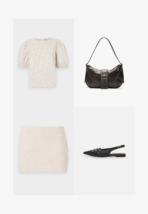 Beige blomsterbluse med pufærmer, tekstureret stof, subtil glans og rund udskæring. Har små hvide blomstermønstre over det hele.; Beige linnedyr med et minimalistisk design, der har en glat tekstur og en subtil vævning. Det har en lige, simpel skæring uden synlige lukninger.; Sort læderslyngeflad sko med spids tå, der har to vandrette stropper og firkantede sølvspænder, lav hæl og glat tekstur.; Brun læder skuldertaske med en buet form, der har et fremtrædende spænde, kontrasterende syninger og en enkelt skulderrem.