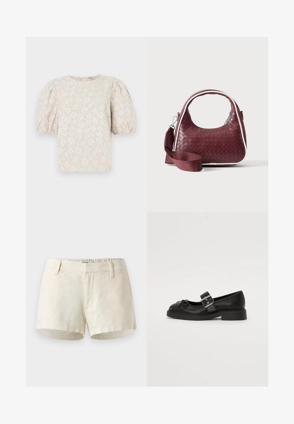 Beige blomsterbluse med pufærmer, tekstureret stof, subtil glans og rund udskæring. Har små hvide blomstermønstre over det hele.; Lys beige shorts lavet af linned. Har en flad talje, frontlommer og en ren kant. Simpelt, minimalistisk design.; Sort læder Mary Jane-sko med rund tå, ankelrem og sølv spænde detalje. Har en flad, chunky sål og en sløjfe akcent.; Mørkerød vævet lædertaske med buet hank, hvid kant, sølv lynlås og aftagelig bred stofskulderrem mod en ensfarvet baggrund.