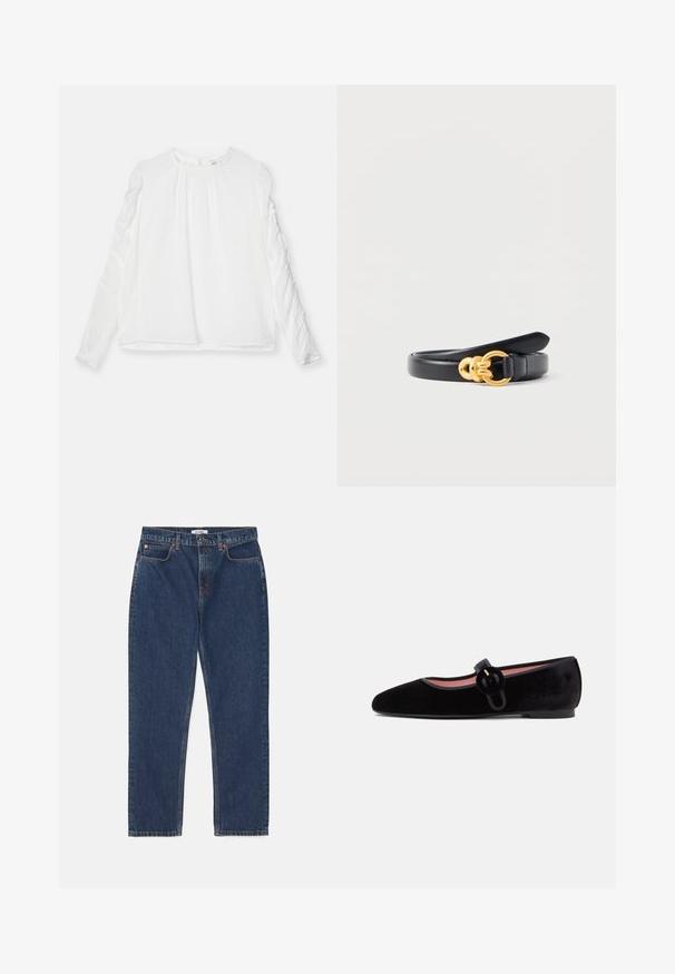 Witte lange mouwtop met een ronde halslijn en gathered details op de mouwen. Gemaakt van lichte stof met een vloeiende pasvorm.; RE/DONE LOOSE LONG - Straight leg jeans - dark blue denim; Zwarte fluwelen Mary Jane platte schoen met afgeronde neus en decoratieve ronde gesp riem op een lichtgrijze achtergrond.; Zwarte leren riem met een gouden ronde gesp met twee verbonden ringen, opgerold en geplaatst op een witte achtergrond.