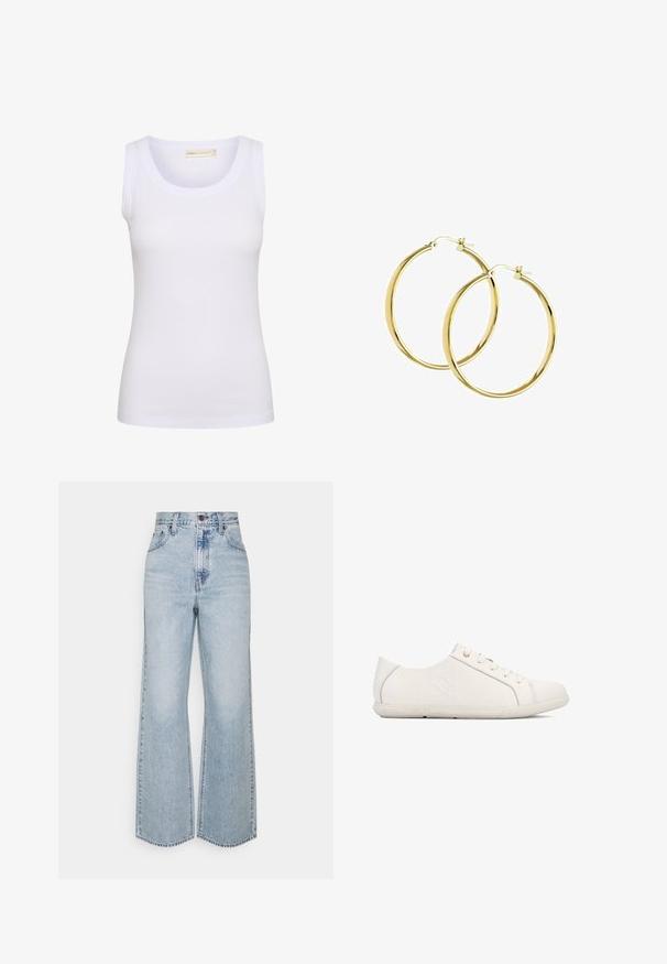 Hvid ribstrikket ærmeløs tanktop med rund halsudskæring, lille mærkat med mærke inden i kraven og tætsiddende pasform.; Lysblå denim brede ben jeans med høj talje, klassisk fem-lomme design og kontrasterende syninger. Uslebne kanter i bunden.; Hvide sneakers med en tekstureret finish, snørelukning, rundet tå og branding på siden. Indeholder diskrete syninger og en gummisål.; Guldøreringe i hoop-stil med en glat, skinnende overflade og en sikker låsemekanisme. Cirkulært design uden yderligere pynt eller mønstre.
