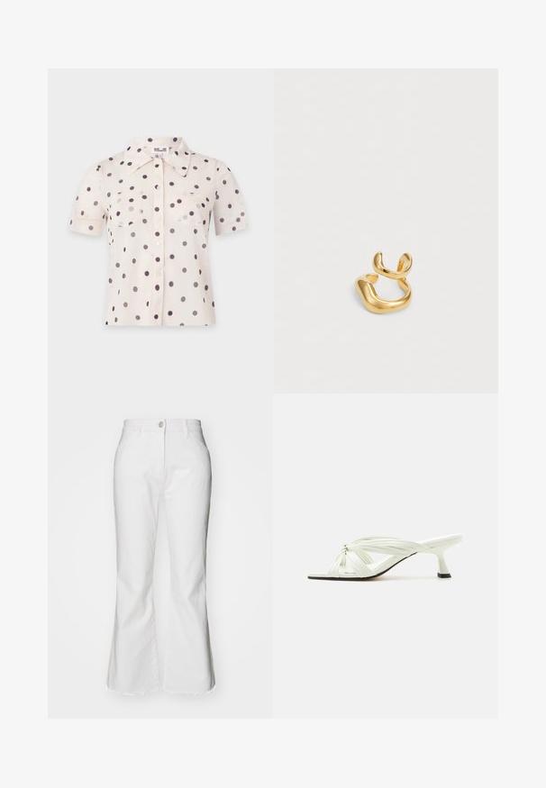 Blouse crème à manches courtes avec des pois noirs, boutons à l’avant, deux poches poitrine et un large col pointu.; Jean flare blanc en denim avec un ourlet brut. Doté d'une fermeture à bouton et de poches avant. Design classique avec une coupe moderne.; Sandale blanche à talon avec plusieurs fines brides nouées et un talon fin de hauteur moyenne sur un fond clair uni.; Bague en or arborant un design fluide et organique avec deux bandes incurvées se chevauchant. Texture lisse et brillante avec une finition polie.