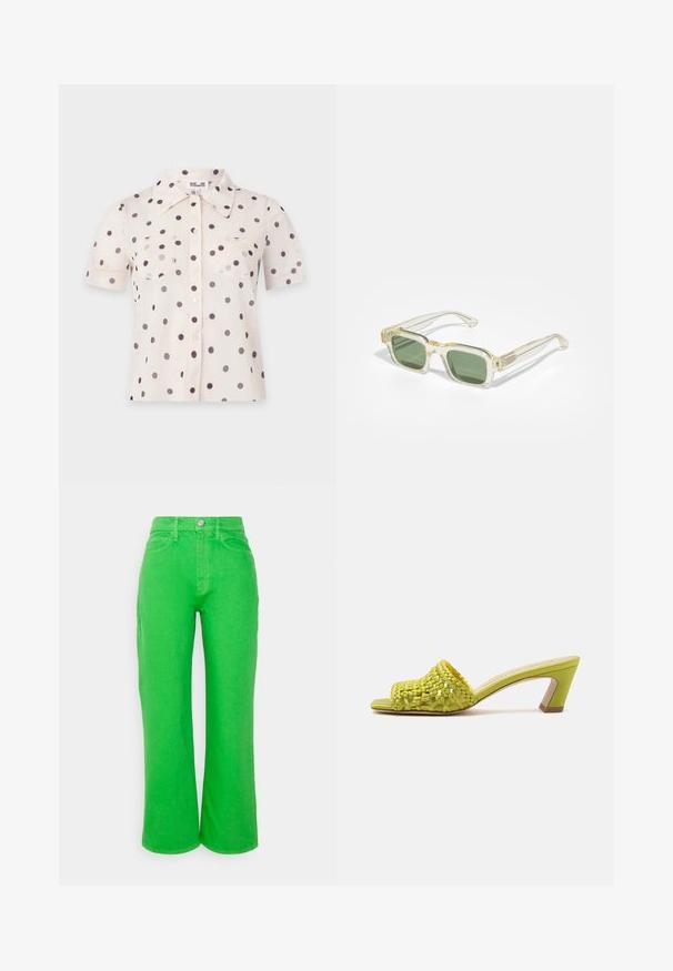 Blusa crema de manga corta con lunares negros, botones delanteros, dos bolsillos en el pecho y un cuello ancho y puntiagudo.; FRAME LE JANE CROP - Vaqueros rectos - peridot; Tacón mule con punta abierta en verde lima con parte superior de cuero trenzado y tacón de bloque de altura media sobre un fondo liso.; Gafas de sol rectangulares con montura amarillo claro y lentes verde oscuro. Presentan brazos delgados y transparentes con sutiles acentos de diseño.