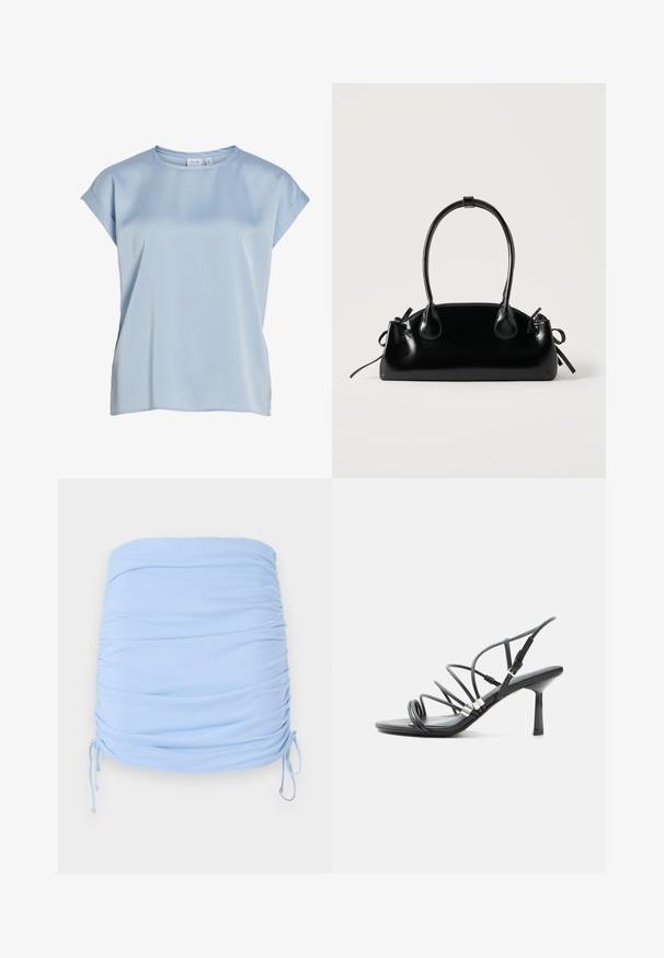 Blouse bleu clair à manches courtes avec encolure ronde et poignets de manches repliés, en tissu lisse, étiquetée "VILA".; Jupe mini froncée bleu clair en tissu extensible. Elle présente des liens à cordon sur les côtés pour un ajustement réglable et une texture douce.; Sandale noire à talon haut avec fines lanières courbées, accents argentés et boucle de cheville réglable sur fond blanc.; Petit sac à main noir brillant avec deux longues anses et des détails à cordon sur les côtés sur un fond clair uni.