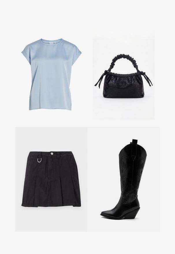 Blouse bleu clair à manches courtes avec encolure ronde et poignets de manches repliés, en tissu lisse, étiquetée "VILA".; Jupe plissée noire en coton, avec une fermeture à boutons sur le devant, des passants de ceinture et un accent en D-ring sur la taille.; Botte de cowboy en cuir noir avec bout pointu, talon bloc incliné, couture décorative et languettes en haut sur fond blanc.; Sac à main noir avec texture crocodile, bord supérieur froncé, poignée plissée et pompons à cordon de chaque côté sur fond blanc.