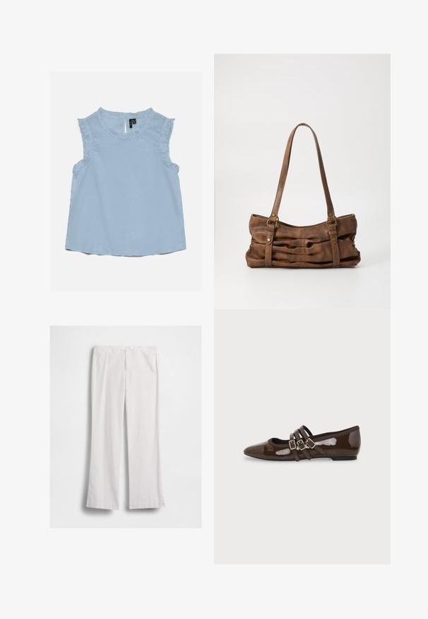 Blouse sans manches bleu clair avec bordure à volants le long de l'encolure et des emmanchures, présentant une texture subtilement ponctuée et une petite ouverture en goutte d'eau au dos.; Pantalon blanc à jambes droites avec fermeture éclair et bouton à l'avant, présenté à plat sur fond blanc.; Chaussure plate en cuir verni marron avec bout pointu et trois brides ajustables à boucle sur le côté, vue du profil extérieur.; Even&Odd Sac à main - brown