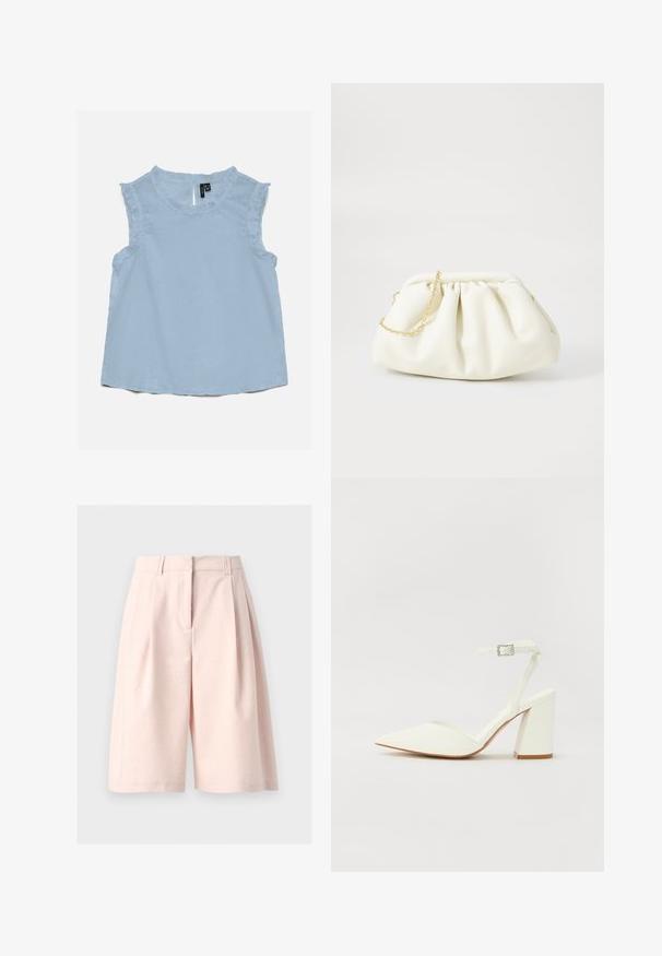Blouse sans manches bleu clair avec bordure à volants le long de l'encolure et des emmanchures, présentant une texture subtilement ponctuée et une petite ouverture en goutte d'eau au dos.; Short large taille haute rose pâle, longueur genou, avec passants pour ceinture et plis devant sur fond gris clair.; Sandale blanche à talon avec un bout pointu, sangle de cheville réglable et un talon carré épais. Texture lisse avec des détails de couture minimaux.; Sac à main en cuir blanc avec un design plissé, doté d'une bandoulière en chaîne dorée et d'une forme arrondie. Texture lisse avec des plis doux et sans motifs.