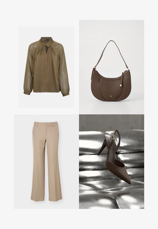 Blouse en satin marron avec encolure froncée, manches longues transparentes, ouverture en forme de goutte devant et fermeture éclair au dos.; Pantalon beige pour femme avec passants de ceinture, pli devant et coupe droite à jambes larges sur fond blanc uni.; Chaussure à talon haut marron à bout pointu avec bride arrière et boucle dorée reposant sur une surface argentée brillante capitonnée.; Sac à main en cuir brun avec une forme courbée, accentué par un petit détail en métal doré et une surface texturée, doté d'une fermeture éclair.