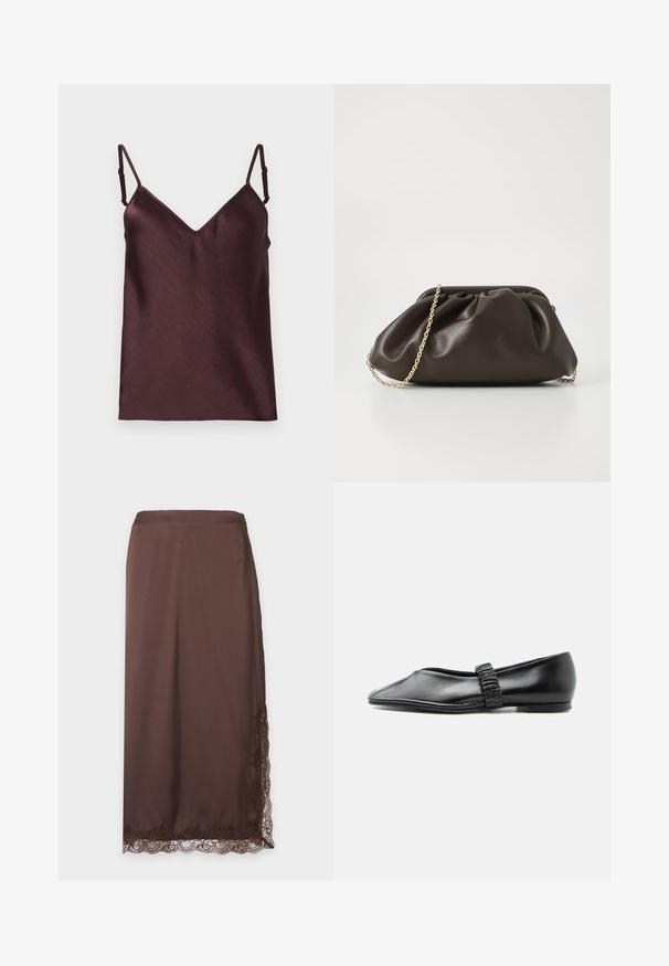 Débardeur en satin marron foncé avec bretelles spaghetti ajustables et décolleté en V sur fond blanc.; Jupe midi en satin marron avec bordure en dentelle festonnée le long de l'ourlet et fente latérale, présentée à plat sur un fond clair.; Chaussure plate en cuir noir avec une bride froncée sur le dessus et un bout légèrement pointu, présentée sur un fond uni.; Sac à main en cuir marron avec un design froncé, une bandoulière en chaîne dorée et une finition douce et texturée. Sa forme compacte est idéale pour une utilisation en soirée.