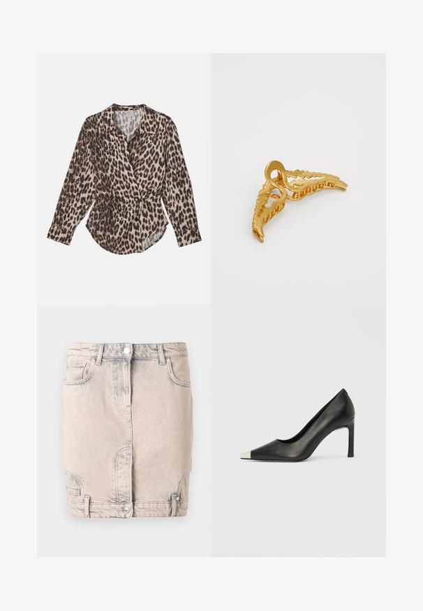 Chemise à imprimé léopard dans des tons beiges et marron, fabriquée en tissu léger. Caractérisée par un col, une fermeture à boutons sur le devant et des manches longues.; Mini-jupe en denim beige clair avec fermeture à boutons sur le devant, passants pour ceinture, poches en biais et détails subtilement délavés.; Chaussure à talon haut en cuir noir avec bout pointu et capuchon argenté métallique. Présente une finition lisse et un talon fin de 10 cm.; Barrette en or présentant un design de feuille avec des bords texturés et un centre courbé, fabriquée en métal avec une finition lisse.