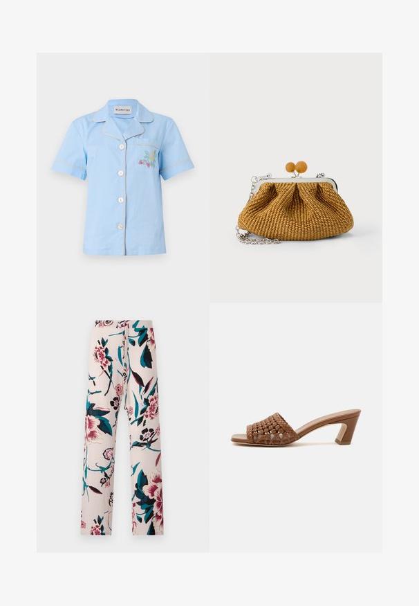 Hellblaues Kurzarmhemd mit Kragen, ausgestattet mit einer Brusttasche und mehrfarbigem floralem Stickerei, abgerundet mit kontrastierenden Paspelierungen.; Diane von Furstenberg DIANE PANT - Stoffhose - light pink; Brauner gewebter Open-Toe-Mule mit Blockabsatz und Slip-On-Design auf schlichtem weißen Hintergrund.; Kleine braune gewebte Clutch mit silbernem Metallrahmen, zwei runden Holzverschlüssen und kurzem silbernem Kettenriemen auf weißem Hintergrund.