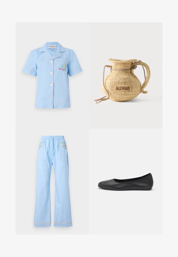 Hellblaues Kurzarmhemd mit Kragen, ausgestattet mit einer Brusttasche und mehrfarbigem floralem Stickerei, abgerundet mit kontrastierenden Paspelierungen.; Hellblaue Baumwollhosen mit elastischem Bund, verziert mit floralen Stickereien an der Vorderseite und kontrastierenden Abschlüssen an den Säumen.; Schwarze Leder-Ballettschuhe mit abgerundeter Spitze, glatter Textur, minimalen Nähdetails und einem flexiblen Sohlen-Design.; Runde, geflochtene Strohtasche mit Kordelgriff und dem Schriftzug "ALEMAIS" auf der Seite, in braunem Garn gestickt.