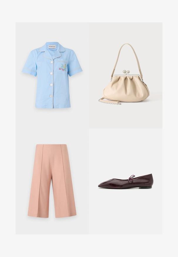 Lysblå kortærmet skjorte med krave, der har en brystlomme og flerfarvet blomsterbroderi, afsluttet med kontrasterende pipings.; AERON PEN - Shorts - mottled pink; Ballethæle i bordeaux laklæder med spids tå og en dekorativ lilla sløjfe på forfoden; flad såldesign.; Beige blød læderhåndtaske med en sølv metalramme-lukning, enkelt skulderstrop og en valgfri kæderem på en hvid baggrund.