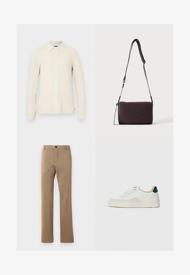 Polo à manches longues en beige clair, matière texturée, doté d'une patte de boutonnage, d'un col et de poignets à bords-côtes.; Pantalon marron ajusté, fabriqué dans un tissu texturé avec une coupe droite, présentant une fermeture à bouton à l'avant et des poches latérales.; Baskets blanches avec des accents en daim, bout arrondi, lacets plats et semelle en caoutchouc crème. Présente une marque verte sur le talon.; Sac bandoulière en cuir marron foncé texturé avec une sangle réglable et un petit accent décoratif bleu sur le côté.