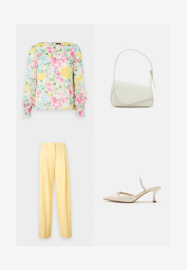 Blouse florale en tissu léger avec un motif floral jaune, rose et bleu. Manches longues avec des poignets froncés et un col rond.; Pantalon taille haute jaune clair avec fermeture par bouton et zip, coupe droite jambes larges et devant plat.; ALDO NAILAH - Escarpins - white/bone; Sac à main en cuir synthétique blanc avec une forme triangulaire structurée, une bandoulière unique réglable et un rabat à courbes accentuées.