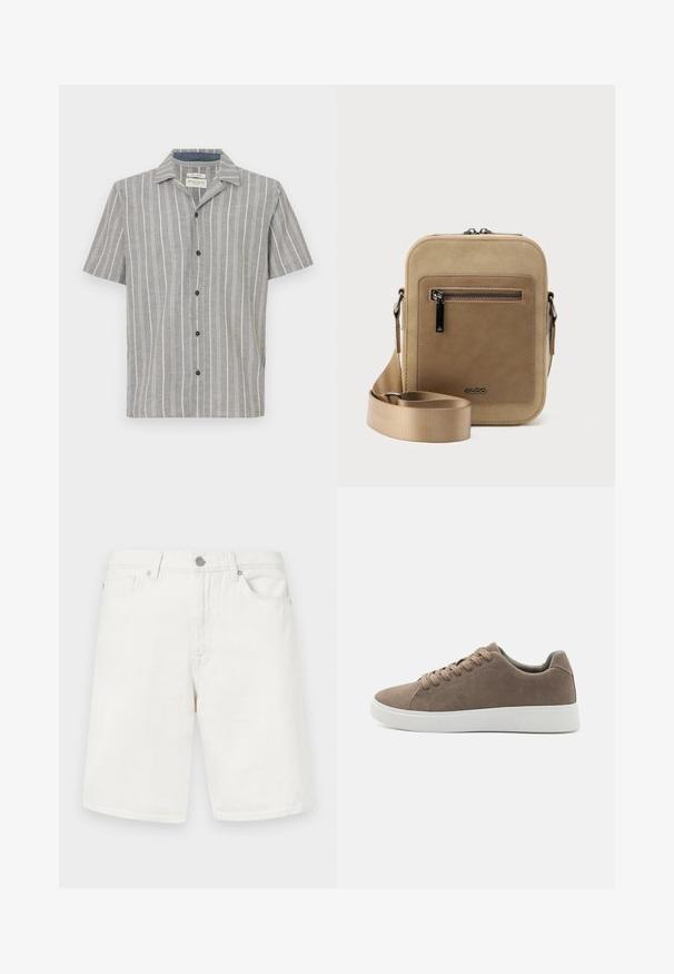 Kortærmet skjorte i lysegrå med hvide lodrette striber. Har en knapfront og en klassisk krave. Lavet af letvægtsstof.; Hvide denimshorts med lige pasform, der har forlommer, bæltestropper og metalknaplukning. Glat tekstur.; Brune ruskinds sneakers med flade hvide gummisåler, snørelukning, rund tå og en glat overflade. Minimalistisk stil med diskrete syninger.; Lille beige crossbody-taske med lynlåslomme foran, metal ALDO-logo, justerbar bred rem og rundet rektangulær form på hvid baggrund.