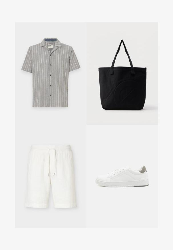 Camisa de manga corta en gris claro con rayas verticales blancas. Presenta un frente abotonado y un cuello clásico. Está hecha de una tela ligera.; Pantalones cortos blancos de algodón con cintura elástica y cordón, de longitud hasta la rodilla con un ajuste informal y relajado.; Zapatilla blanca con material de cuero liso, punta redonda, diseño minimalista, acento gris en el talón y suela de goma texturizada.; Bolsa tote de lona negra con dos correas para el hombro y un diseño circular en relieve sutil en el frente.