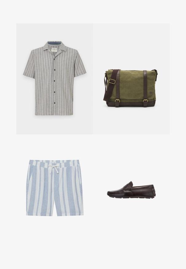 Korte mouw shirt in lichtgrijs met witte verticale strepen. Heeft een knopenlijst aan de voorkant en een klassieke kraag. Gemaakt van lichtgewicht stof.; Gestreepte shorts van lichte stof, met blauwe en witte verticale strepen, elastische tailleband met trekkoord en zijzakken.; Donkerbruine leren loafer met gestikte details, moc toe-ontwerp en rubberen zool met grip, zijaanzicht.; Groene stoffen schoudertas met bruine leren accenten, een voorflap, een verstelbare schouderriem en een ritssluiting aan de bovenkant. Voorzien van gouden hardware.
