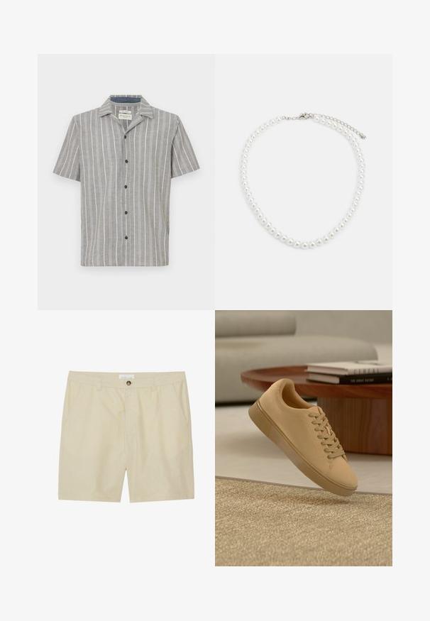 Camisa de manga corta en gris claro con rayas verticales blancas. Presenta un frente abotonado y un cuello clásico. Está hecha de una tela ligera.; Shorts beige hechos de una tela ligera, con un diseño frontal plano, bolsillos laterales y un cierre de botón en la cintura.; Zapatilla beige con cordones flotando sobre una alfombra texturizada con una mesa de café de madera y libros apilados en un fondo desenfocado.; Collar de perlas blancas con forma redonda uniforme, superficie suave y cierre de metal con cadena de extensión para longitud ajustable.