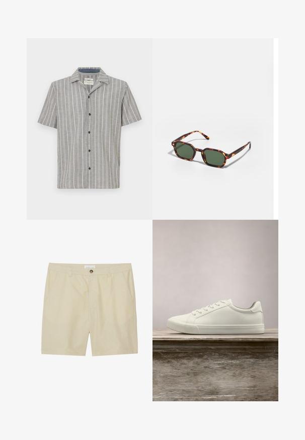 Kurzarmhemd in Hellgrau mit weißen vertikalen Streifen. Verfügt über eine durchgeknöpfte Front und einen klassischen Kragen. Hergestellt aus leichtem Stoff.; Beige Shorts aus leichtem Stoff, mit flachem Bund, Seitentaschen und einem einzigen Knopfverschluss am Bund.; Weiße Schnürsneaker, die über einer Holzbank mit grünem Laub im Hintergrund schweben und das Schuhdesign sowie die Textur zeigen.; Schildpatt-Sonnenbrille mit grünen Gläsern, in einer achteckigen Form und schlanken, gebogenen Bügeln. Das Material hat eine glänzende Oberfläche.