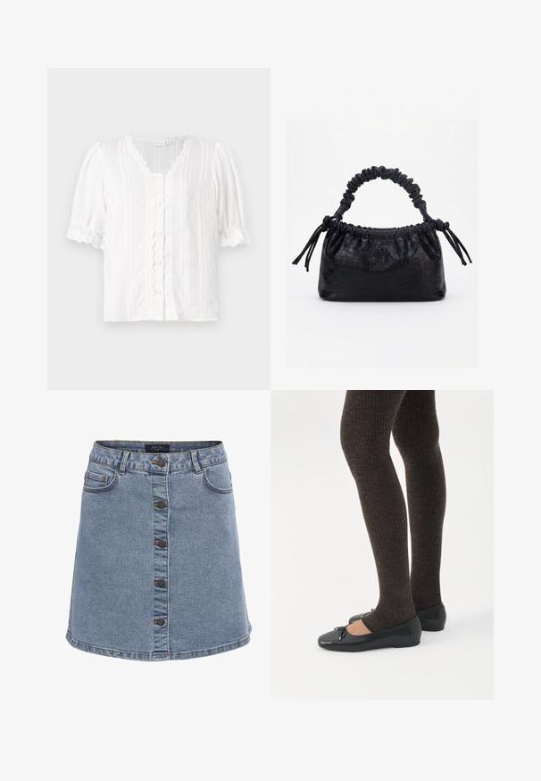 Weiße Bluse mit Puffärmeln, gewelltem Ausschnitt und Knopfleiste. Strukturierter Stoff mit vertikalen Streifen und dekorativem Besatz.; Denimrock in Hellblau mit ausgestellter Form, mit Knopfverschluss vorne, zwei Seitentaschen und Kontrastnähten.; Beine in dunklen, gerippten Leggings kombiniert mit schwarzen Ballerinas mit kleinen Schleifendetails auf weißem Hintergrund.; Schwarze Handtasche mit Krokodilstruktur, gerafftem oberen Rand, zusammengezogenem Griff und Zugkordeln mit Quasten an jeder Seite vor weißem Hintergrund.