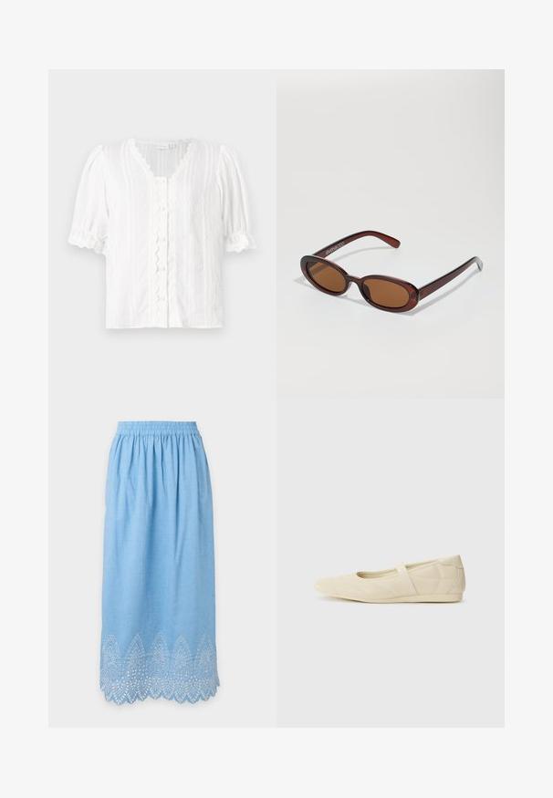 Blusa blanca con mangas abullonadas, escote festoneado y cierre de botones. Tejido texturizado con rayas verticales y trim decorativo.; Falda azul clara hasta la rodilla con cintura elástica y bajo festoneado blanco bordado con un diseño decorativo.; Bailarinas beige con un exterior de cuero liso, punta en forma de almendra y una correa elástica en el empeine, con detalles de costura sutiles.; Gafas de sol redondas con tinte marrón y un marco burdeos brillante. Patillas delgadas con un sutil detalle de marca. Diseño de lentes planos.