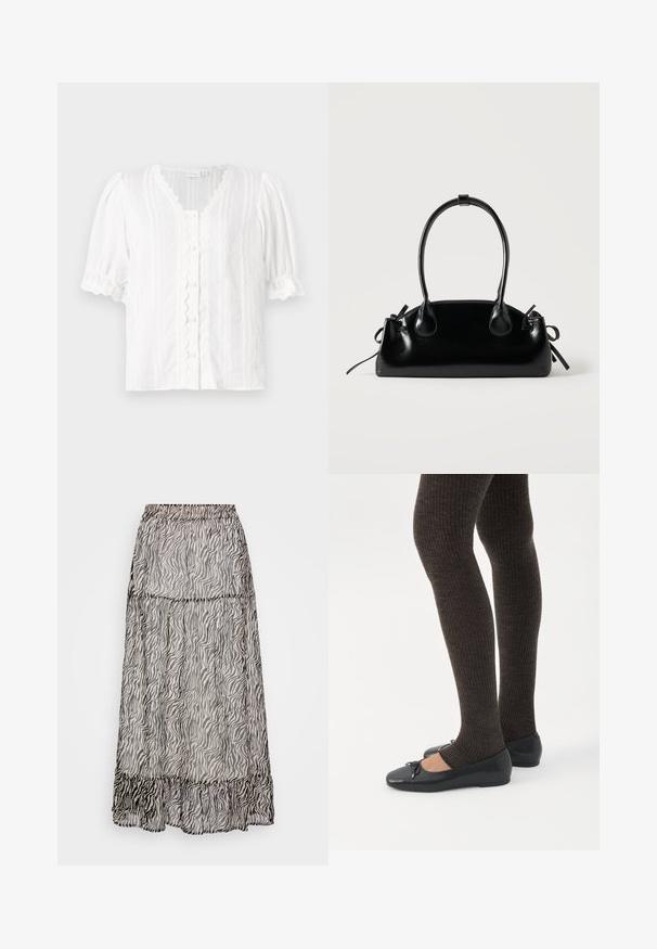 Blusa blanca con mangas abullonadas, escote festoneado y cierre de botones. Tejido texturizado con rayas verticales y trim decorativo.; Falda larga y transparente con un patrón de rayas de cebra en negro y gris. Cintura elástica con un dobladillo con volantes en la parte inferior. Tejido ligero.; Piernas con leggings oscuros acanalados combinados con bailarinas negras que presentan pequeños detalles de lazo sobre un fondo blanco.; Pequeño bolso negro brillante con dos asas largas y detalles de cordón lateral sobre un fondo claro liso.