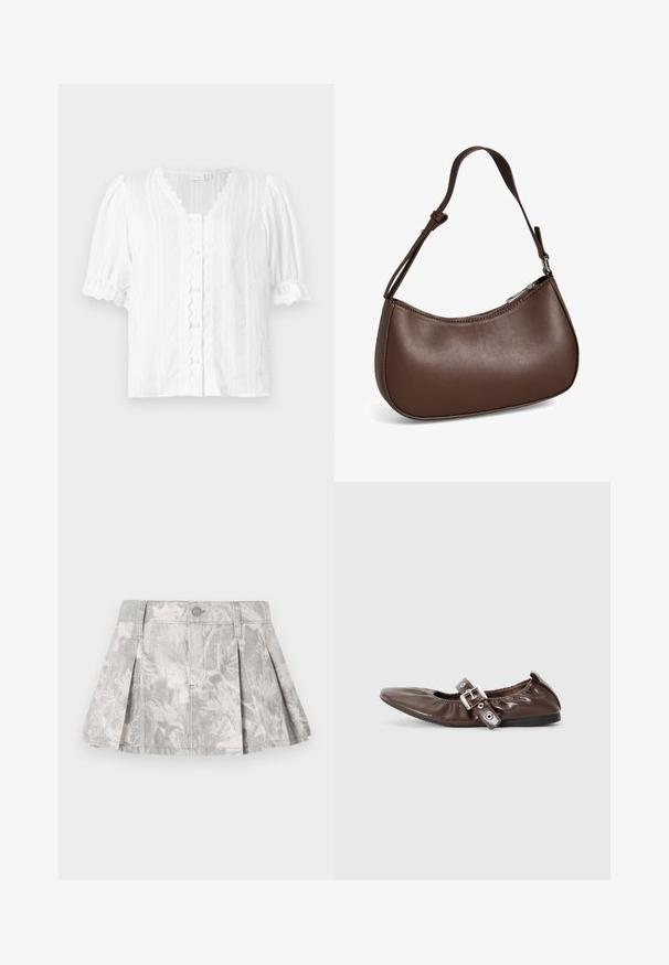 Witte blouse met pofmouwen, een gegolfde halslijn en knopen aan de voorkant. Textuurstof met verticale strepen en decoratieve afwerking.; Grijze denim rok met plooien, voorzien van een subtiel bladerenpatroon in lichtere tinten. Klassieke snit met een tailleband en sluiting met metalen knoop.; Bruine gepatineerde leren ballerina met een spitse neus, elastische strikdetail en een zilveren gespaccent aan de zijkant. Zwarte rubberen zool.; Kleine bruine leren schoudertas met verstelbare band en ritssluiting, getoond tegen een witte achtergrond. Geen zichtbaar merk of versieringen.
