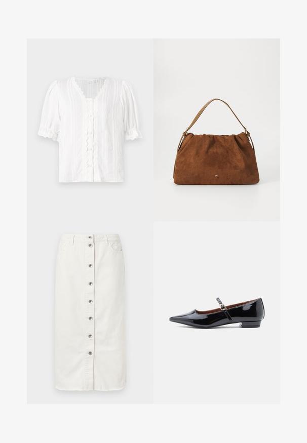 Witte blouse met pofmouwen, een gegolfde halslijn en knopen aan de voorkant. Textuurstof met verticale strepen en decoratieve afwerking.; Witte denim midi-rok met knoopsluiting aan de voorkant, twee zijzakken en geborduurde accenten op de tailleband. Beschikt over een onafgewerkte zoom.; Zwarte gepatineerde leren Mary Jane ballerina met spitse neus en kleine hak, voorzien van een verstelbare band met een gouden gesp.; Bruine suède handtas met een geplooid ontwerp, voorzien van een enkele tan kleur leren schouderband en een subtiele gouden logo-detail aan de voorkant.