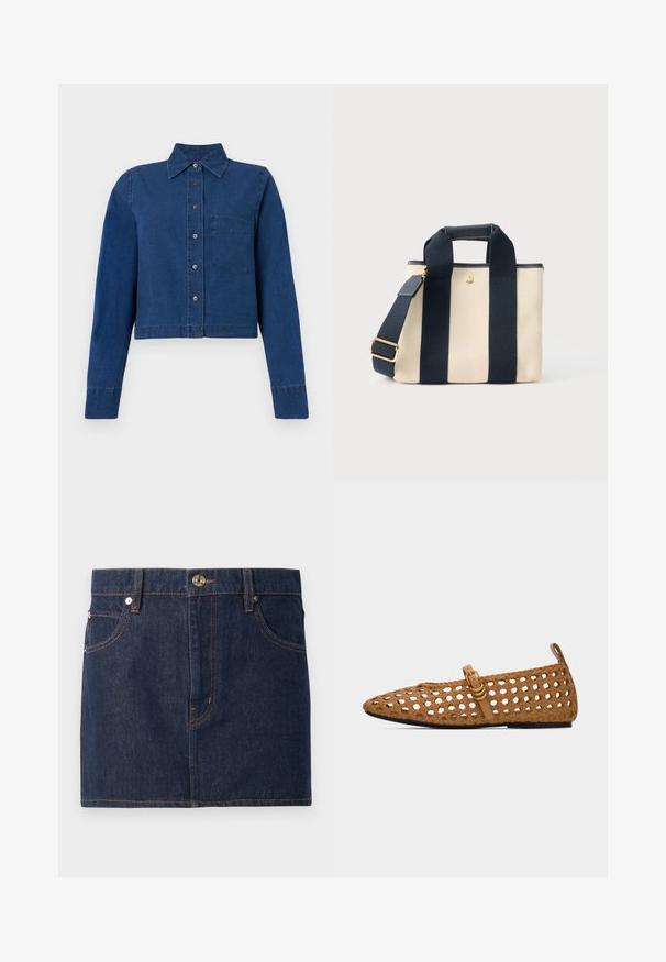CLOSED CROPPED CLASSIC SHIRT - Nööpidega pluus - dark blue; Tumed sinised teksapüksid, millel on heledat oranži õmblust, viie tasku kujundus, metallist nööpide kinnitamine ja sirge alläär.; Pruun punutud lameda tallaga king terava ninaga, ühe rihma ja kuldse pandlaga ning kandmiselukk kontsal, valgel taustal.; Väike beež lõuendist kandekott, millel on kaks laia musta vertikaalset rihma, lühike käepide ja reguleeritav õlarihm kuldse pandlaga.