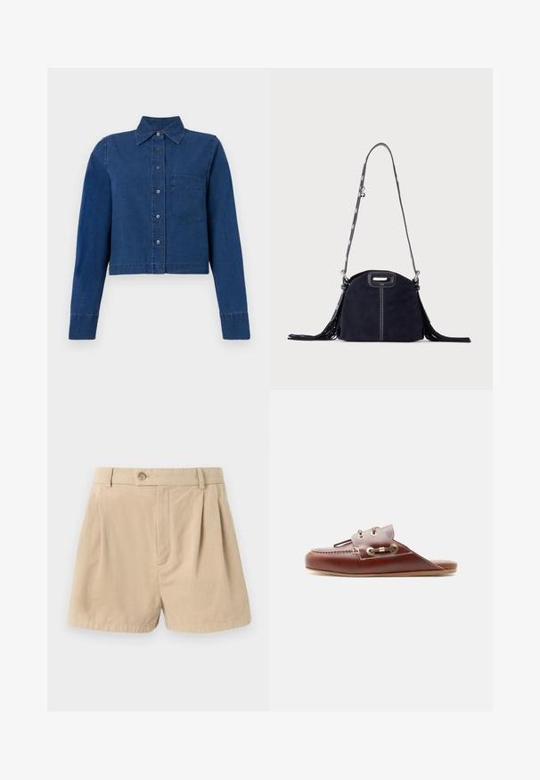 CLOSED CROPPED CLASSIC SHIRT - Paitapusero - dark blue; Filippa K HIGH WAIST PLEATED - Shortsit - beige; Ruskea nahkainen slip-on-mokasiini, jossa on mokkatyylinen ompeluvaraus, kultaiset silmukat ja koristeellinen nauhadeataili sivussa, matala pohja, sivuprofiili.; Tummansininen mokkalaukku valkoisilla tikkauksilla, leikatulla kahvalla, kuvioidulla olkahihnalla ja pitkillä hapsuilla molemmilla puolilla.
