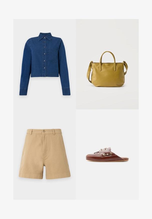 CLOSED CROPPED CLASSIC SHIRT - Hemdbluse - dark blue; Beige Shorts aus Baumwolle mit klassischem Design, Frontknopfverschluss und Gürtelschlaufen. Glatte Textur mit Seitentaschen.; Brauner Leder-Slipper mit Mokassin-Ziernähten, goldenen Ösen und dekorativer Schnürung an der Seite, flache Sohle, Seitenansicht.; Senfgelbe Ledertasche mit zwei Griffen und verstellbarem Schulterriemen, vor einem schlichten weißen Hintergrund dargestellt.