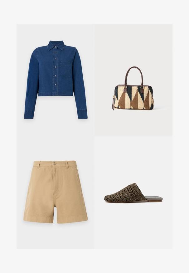 CLOSED CROPPED CLASSIC SHIRT - Paitapusero - dark blue; Beige shorts valkoisesta puuvillasta, joissa on klassinen muotoilu, etupainike ja vyölenkit. Pehmeä pinta, jossa on sivutaskut.; Ruskea kudottu slip-on-malli mule litteällä pohjalla ja suljetulla pyöreällä kärjellä valkoisella taustalla.; Suuri suorakaiteen muotoinen käsilaukku, jossa on ruskeat nahkahäntäät, vaaleanbeige, tummanruskea ja musta geometrinen neulekuvio, sekä vetoketjukiinnitys valkoista taustaa vasten.
