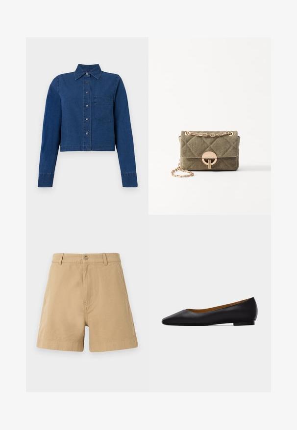 CLOSED CROPPED CLASSIC SHIRT - Overhemdblouse - dark blue; Beige katoenen shorts met een klassiek ontwerp, voorzien van een sluiting met een voorknop en riemlussen. Glad van textuur met zijzakken.; Zwarte leren puntschoen met lage hak en gladde afwerking, zijaanzicht op een lichtgrijze achtergrond.; Vanessa Bruno MOON - Handtas - kaki