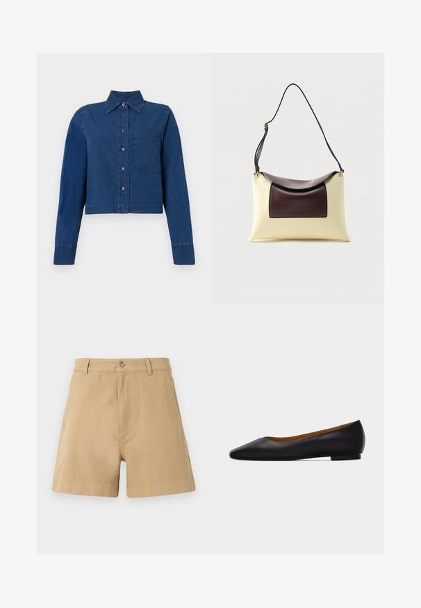 CLOSED CROPPED CLASSIC SHIRT - Blúzka so zapínaním na gombíky - dark blue; Béžové šortky vyrobené z bavlny, s klasickým dizajnom a predným zapínaním na gombík a pútkami na opasok. Hladká textúra s bočnými vreckami.; Čierna kožená dámska obuv s ostrou špičkou, nízkym podpätkom a hladkým povrchom, zobrazená z boku na svetlošedom pozadí.; Krémová a tmavohnedá kožená kabelka cez rameno s oblým prepážkou a nastaviteľným čiernym popruhom na bielom pozadí.