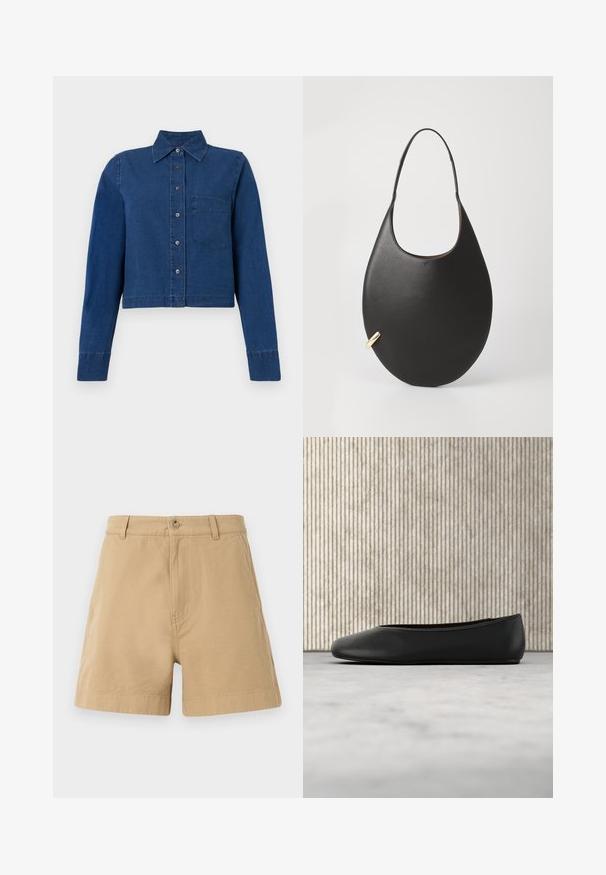CLOSED CROPPED CLASSIC SHIRT - Skjortebluser - dark blue; Beige shorts lavet af bomuld, med et klassisk design, der har en frontknaplukning og bæltestropper. Glat tekstur med sidelommer.; Sorte læder balletflade med en rund tå, glat tekstur og en gulds logoaccent på siden. Placeret over en reflekterende overflade.; Sort læder skuldertaske med en rund form, glat tekstur og en enkelt rem. Har et guldfarvet detalje på siden.