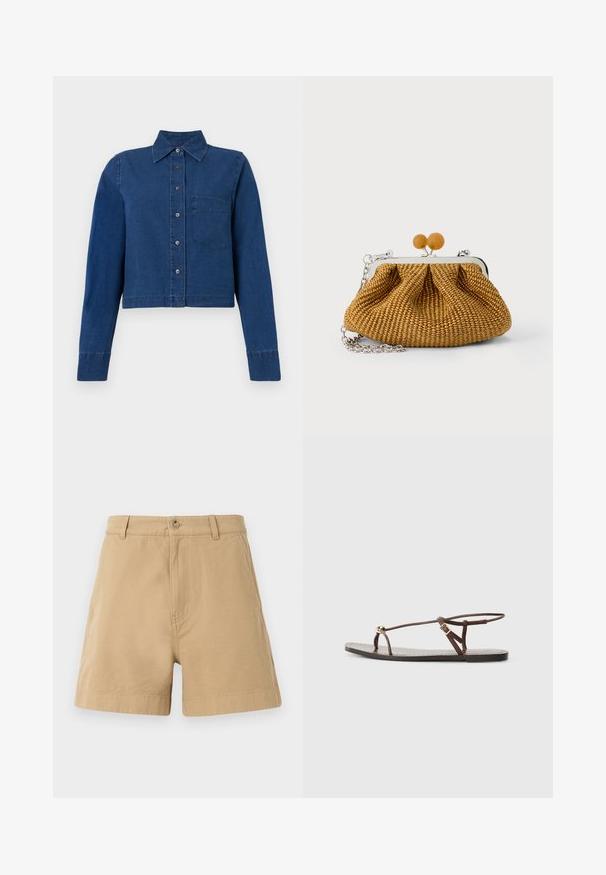 CLOSED CROPPED CLASSIC SHIRT - Overhemdblouse - dark blue; Beige katoenen shorts met een klassiek ontwerp, voorzien van een sluiting met een voorknop en riemlussen. Glad van textuur met zijzakken.; Bruine leren sandaal met dunne banden, een gouden cirkelaccent en een platte zool. Minimalistisch ontwerp met een verstelbare gesp.; Kleine bruin geweven clutch portemonnee met zilveren metalen frame, twee ronde houten sluitingen en een korte zilveren kettingriem op een witte achtergrond.